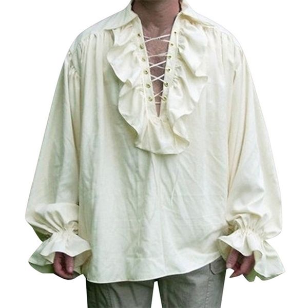 Mens Rinascimento Increspato Manica Lunga Lace Up Medievale Steampunk Pirata Camicia Cosplay Principe Dramma Costume di Scena Top 220811