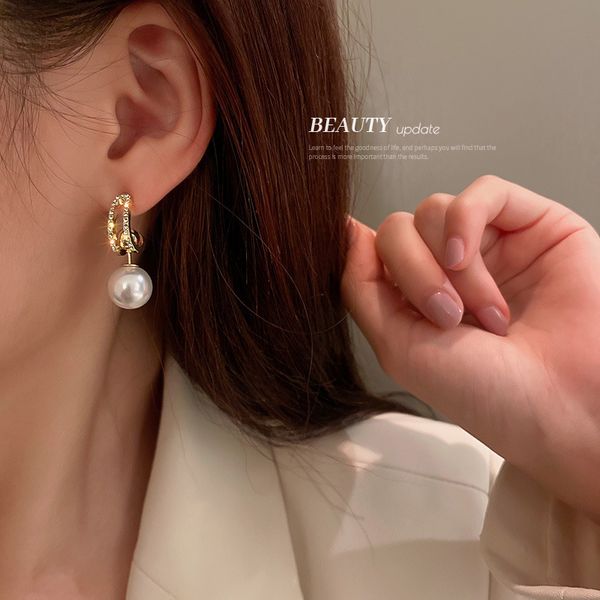 

925 silver dual-wear geometric c- shaped pearl earrings french minority design sense earrings high-grade light luxury eardrop for women, Golden