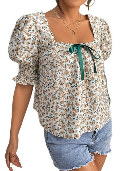 

all over floral print tie front blouse h9kp#, White