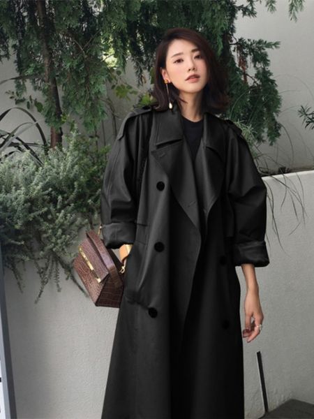 

trench coat for women spring autumn fashion khaki lapel long sleeves retro trendy casual loose office lady long coat women l220725, Tan;black