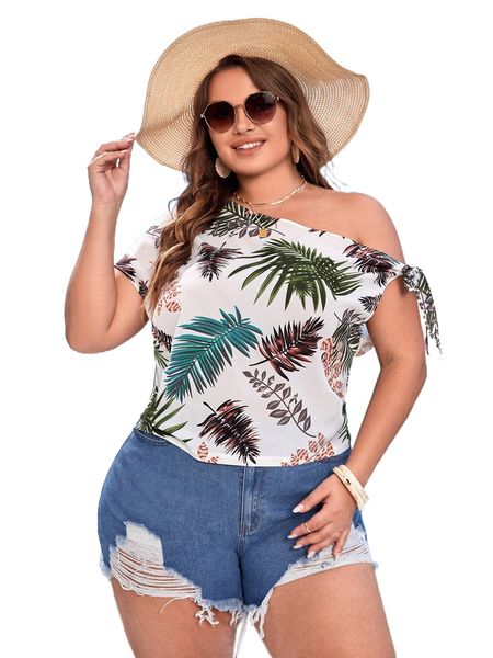 

plus tropical print knotted asymmetric neck blouse t1tt#, Black