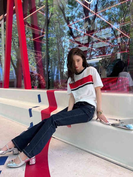 

women's t-shirt red and black stripes color stitched letters short sleeved t-shirt 2022 spring summer products sweet temperament celebr, White