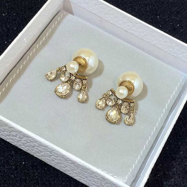 

luxury designer big pearl double sided stud earrings vintage copper tassel crystal pendant ear rings jewelry brand name box packing, Golden;silver