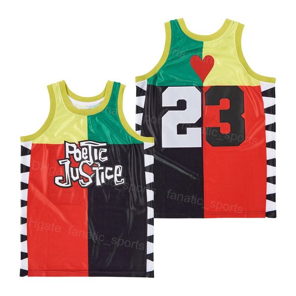 Film Film Basket 23 Love Poetic Justice Jerseys 1993 HipHop Tutto cucito Hip Hop Team Colore Nero Rosso Giallo Verde Traspirante per gli appassionati di sport HipHop in puro cotone