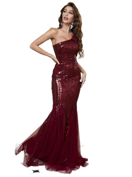 

one shoulder godet mesh sequin formal dress b0lw#, Black;gray