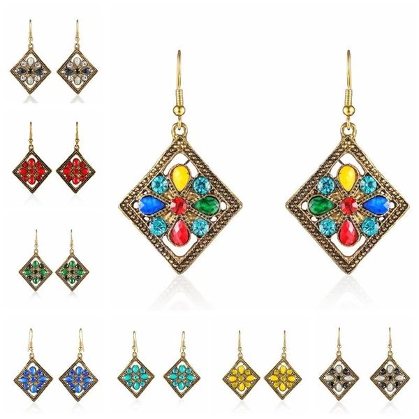 Brincos de casamento de pedra de cristal colorido boho para mulheres penduradas ornamentos de orelha pendurados jóias rombic rômbicas indianas