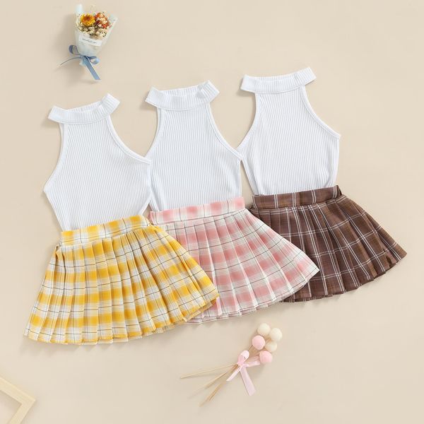

1-6y kids girl clothes sets 2pcs solid color ribbed sleeveless tank plaid printed mini pleated skirt, White