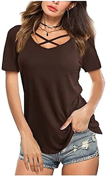 

& tees women's v-neck t-shirt casual solid color short sleeve t-shirt curved hem summer top, White