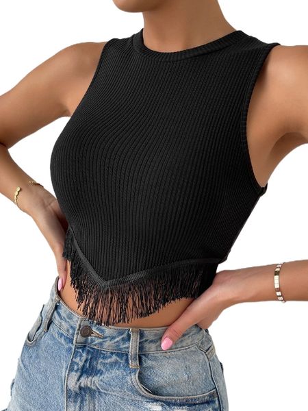 

fringe trim ribbed knit tank q56n#, White