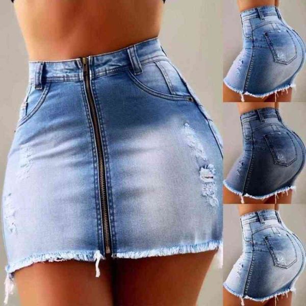 Mulheres sexy denim cintura alta rasgado buraco zíper jeans saia senhoras casual mini bandagem a-line saias y220316