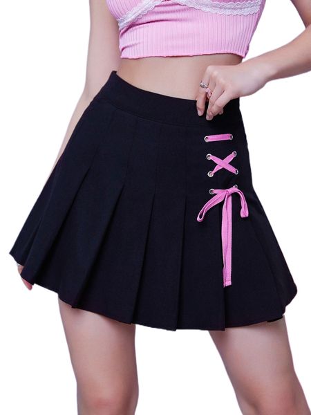 

lace up front pleated skirt y4wl#, Black
