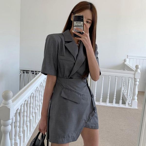 

party dresses women's summer 2022 thin office style short sleeve fake two-piece slim waist notched collar ol dress famale u608, White;black