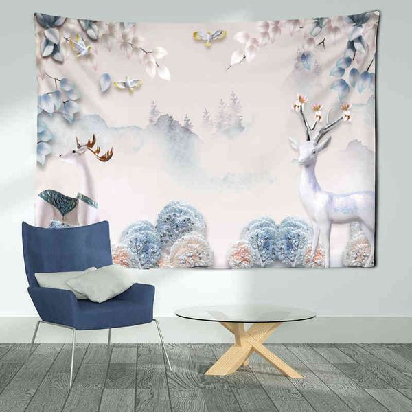 White Deer Landscape Wall Carpet Peony Peony Peacock Room Background Painting Boho Home Art Decor Good es Gift J220804