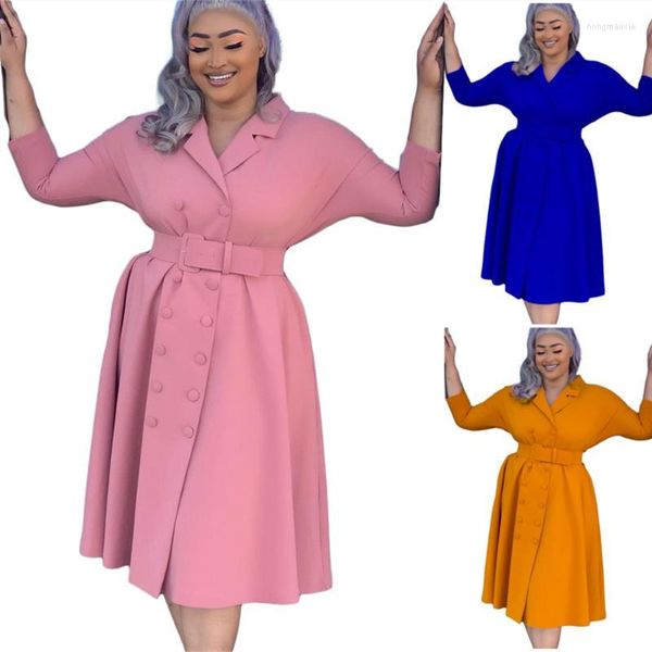 Vestidos casuais outono no inverno e americano estilo plus size colar colarinho de trespassado com cinto para feminino