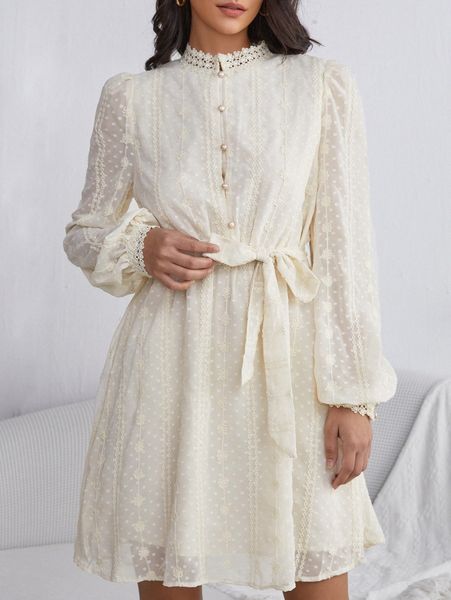

lace trim lantern sleeve belted dress v0hh#, Black;gray