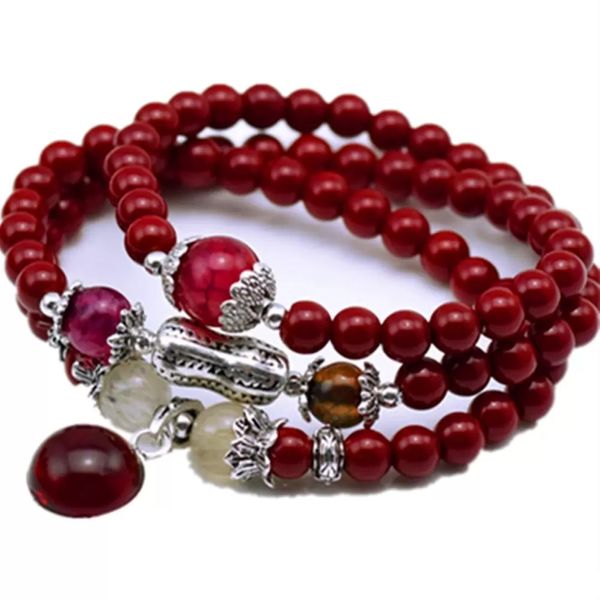 Collana di perline di preghiera buddista tibetana di perline di pietra rossa di moda naturale Braccialetto di preghiera mala di zucca per la meditazione