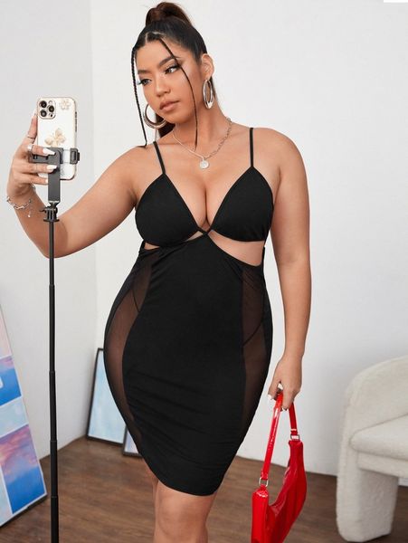 

plus mesh insert cut out cami bodycon dress z5ar#, Black