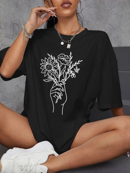 

floral and hand print drop shoulder oversized tee 32lv#, White