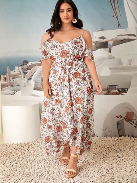 

plus floral print cold shoulder wrap hem belted dress y5kb#, Black