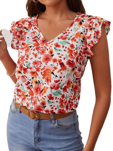 

butterfly sleeve floral print blouse 550b#, White