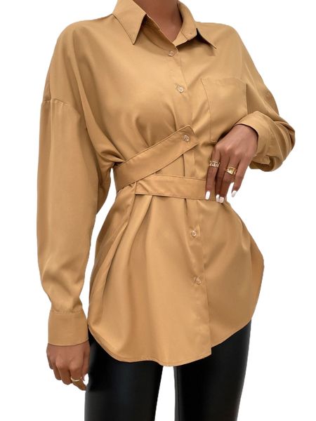 

patched pocket drop shoulder belted blouse 20fr#, White