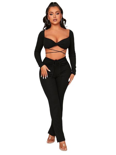 

sxy twist crisscross tie back crop & drawstring waist pants s80u#, White