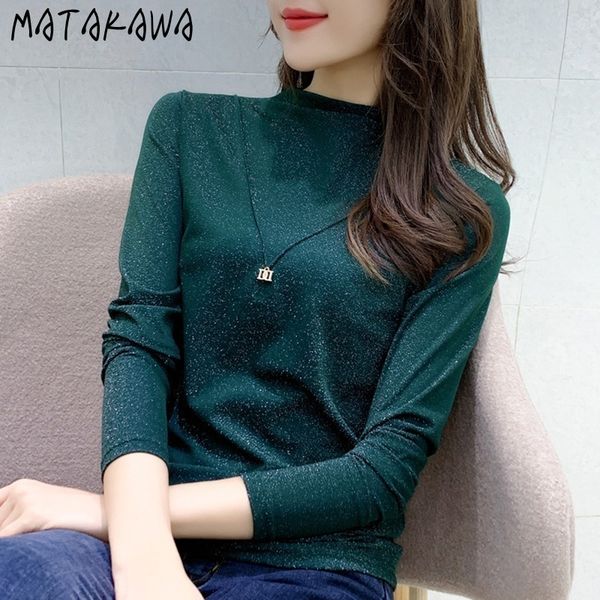 

knitted bottoming shirt womens longsleeved bright silk autumn net yarn half turtleneck clothing 210506, White;black