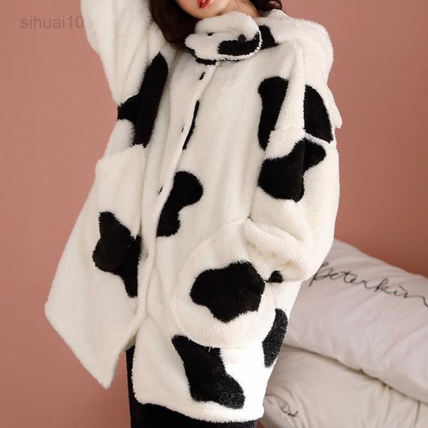 Mulheres vestuário de inverno roupas de flanela de flanela de flanela feminina pijamas de lã de animais de desenho animado de cartoon vaca grossa com capuz Kawaii L220725