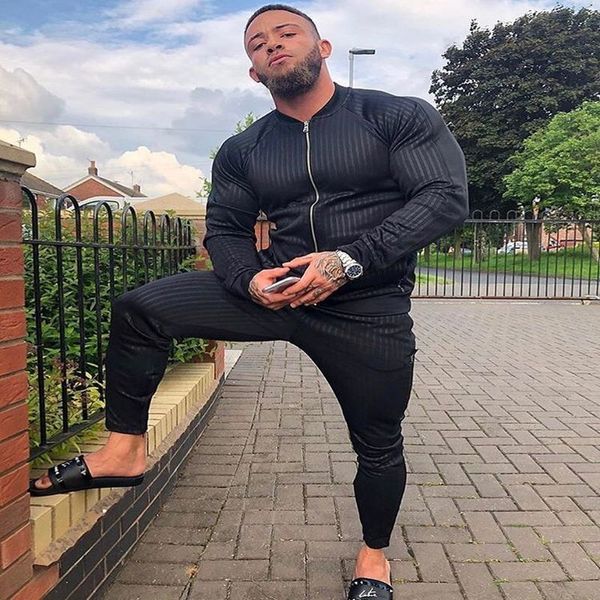 

mens sportwear suit sweatshirt tracksuit muscle fitness casual active suit zipper outwear training clothes men sets 201204, Gray