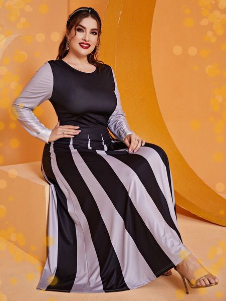 

plus color block a-line dress p2ze#, Black