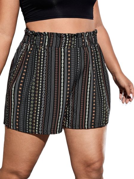 

plus geo print paperbag waist wide leg shorts a102#, Black
