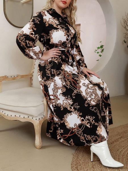 

plus baroque & chain print bishop sleeve belted shirt dress q4ib#, Black