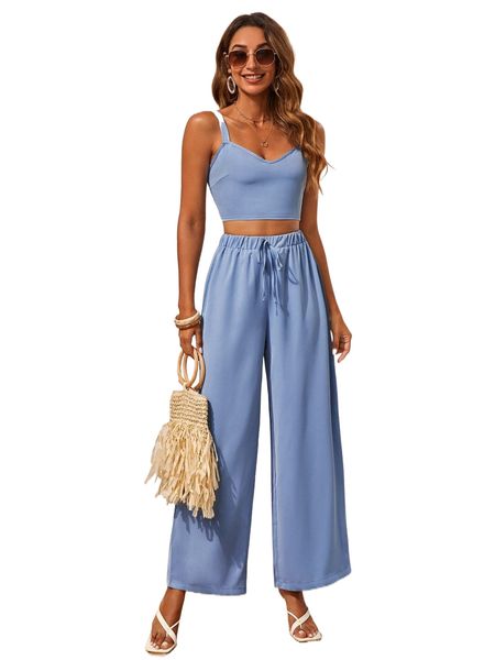 

shirred back crop cami and pants set j0rk#, White