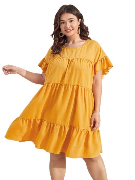 

plus flounce sleeve ruffle hem smock dress t8z7#, Black