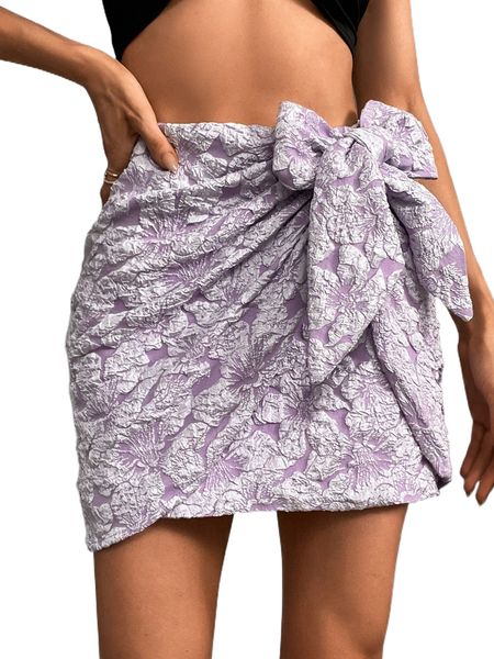 

allover floral pattern tie front wrap skirt k075#, Black