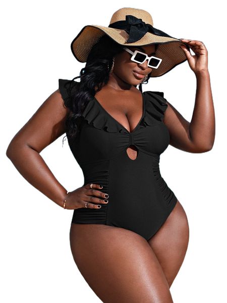 

plus tie back ruffle trim one piece swimsuit s8dz#, White;black