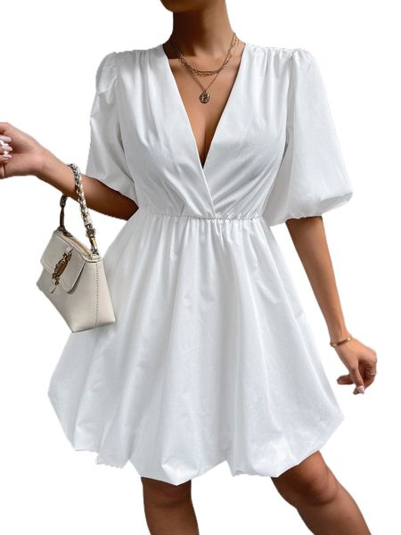 

surplice neck puff sleeve dress 76iq#, Black;gray