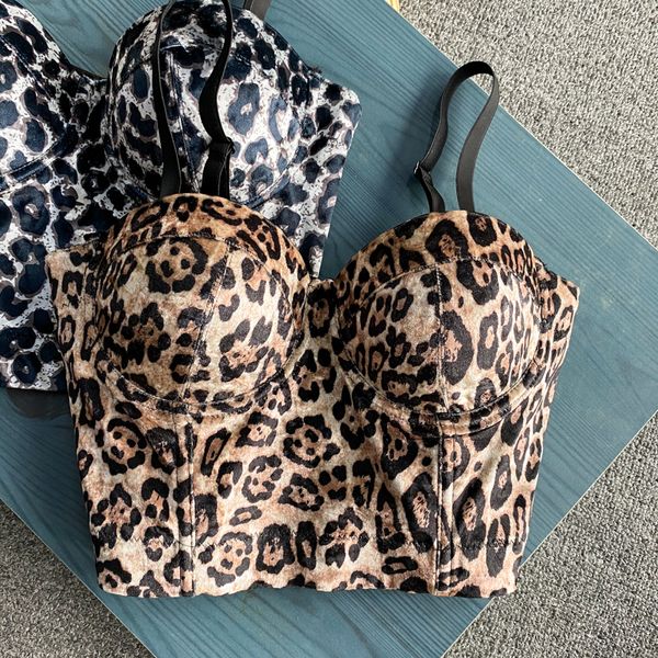 Novo design de moda europeu feminino tecido de veludo com estampa de leopardo acolchoado cinta espaguete corpete bocycon túnica sexy tanques camisola SMLXL