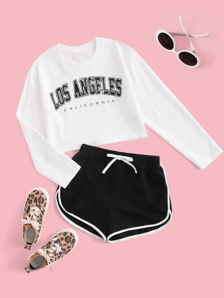 

girls letter graphic & track shorts she, White