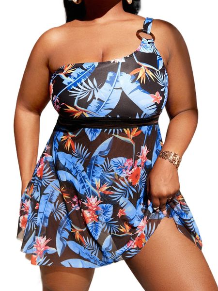 

plus tropical print one shoulder ring linked bikini swimsuit z043#, White;black