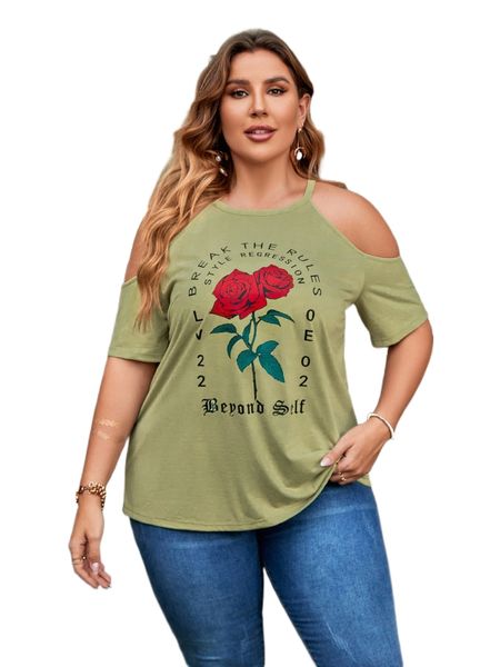 

plus rose & slogan graphic cold shoulder tee y71m#, Black
