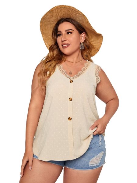 

plus swiss dot eyelash lace trim sleeveless blouse s2r9#, Black