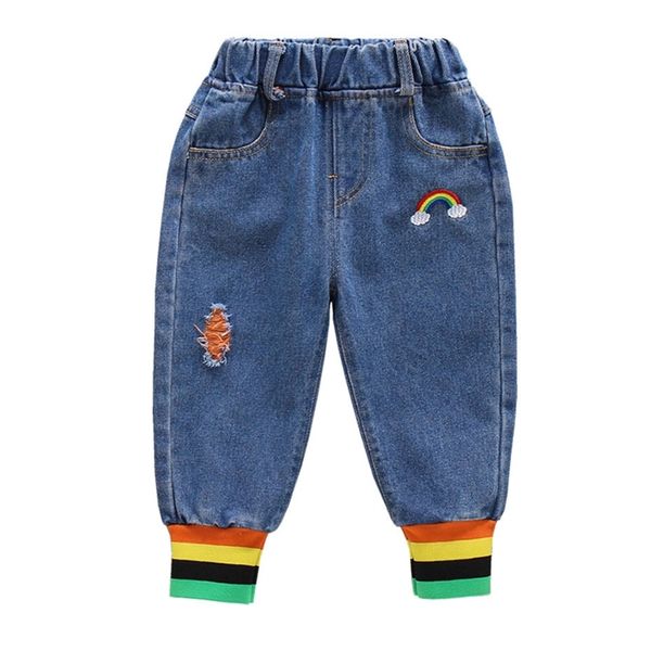

jeans for girls toddler ripped jeans kids girl rainbow stirped children jeans embroidery clothes for girls 210412, Blue