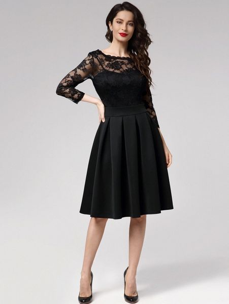 

miusol sheer yoke lace bodice boxy pleated dress 14iz#, Black;gray