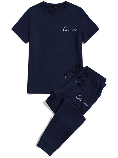 

men letter graphic tee and drawstring waist joggers set s5a5#, Gray