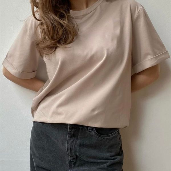 

wotwoy casual basic knitted cotton t-shirts women solid oversized tee shirt female o-neck loose summer cozzy harajuku 220511, White