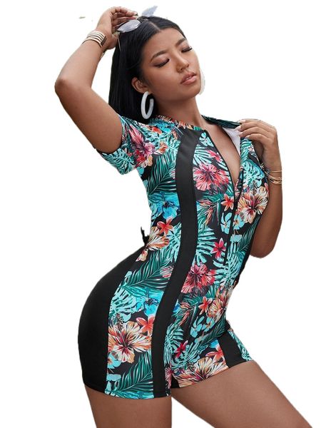 

plus tropical print zip front one piece swimsuit v2gn#, White;black