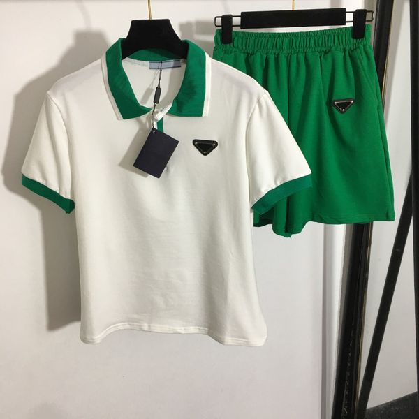 

leisure letter polo collar tees tracksuits metal triangle short sleeve shirt high waist shorts women summer outdoor tracksuit, Gray