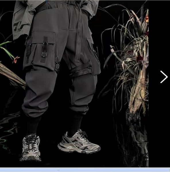 

spring and autumn functional wind webbing tactical bunched foot pants men loose casual large pocket overalls, Black