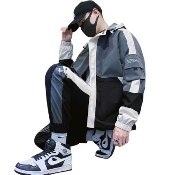 

men's tracksuits 2022 hip hop workwear jacket mens tracksuit jacket+pants 2pc sets baseball loose zipper coat & long pants clothing, Gray